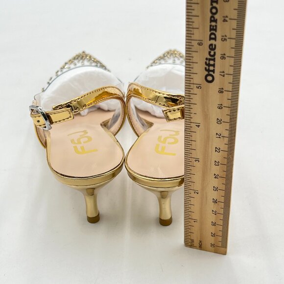 FSJ Gold Crystal Clear Rhinestones Low Heel Slingback Pointed Toe Sandals - Picture 4 of 7